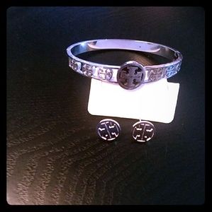 Tory Burch Silver Logo Bracelet & Earrings